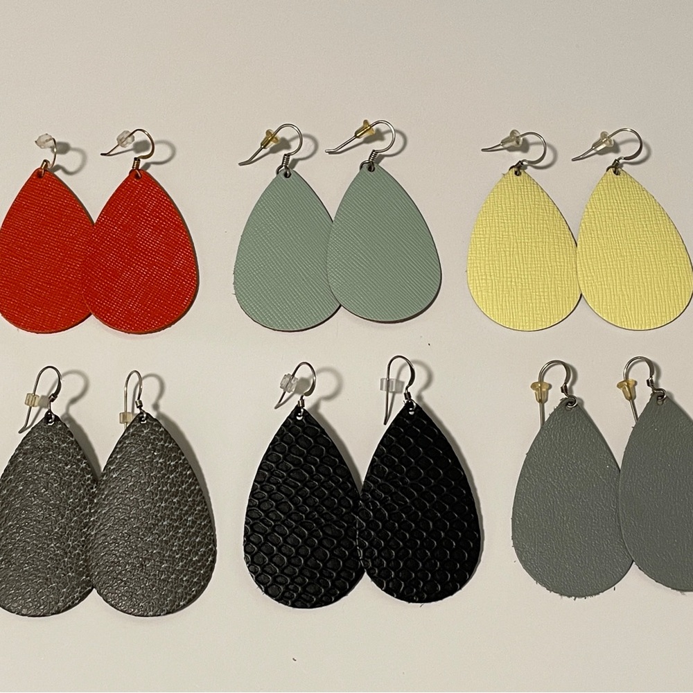 6 pair leather earrings, size small Orange sage yellow grey marbled black grey
